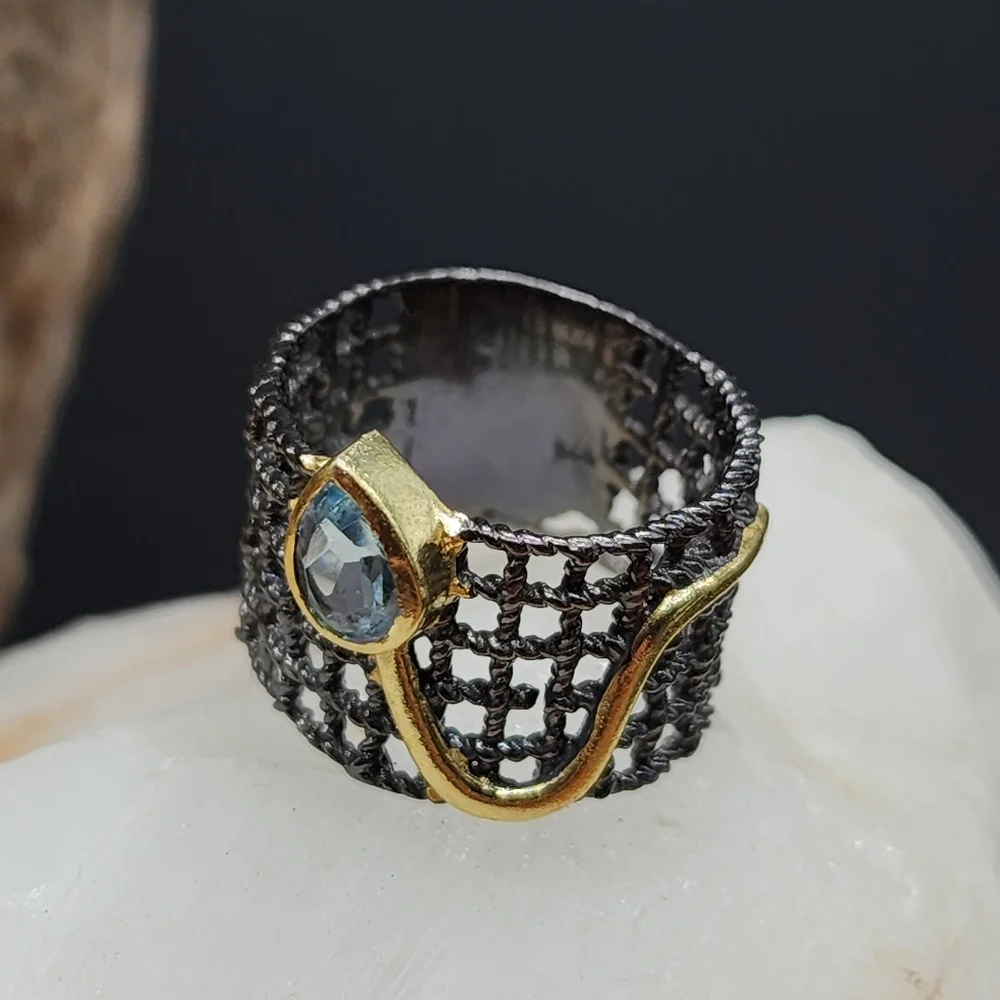 Sterling Silver 925 Black Rhodium 14k Gold Ring Genuine Blue Topaz